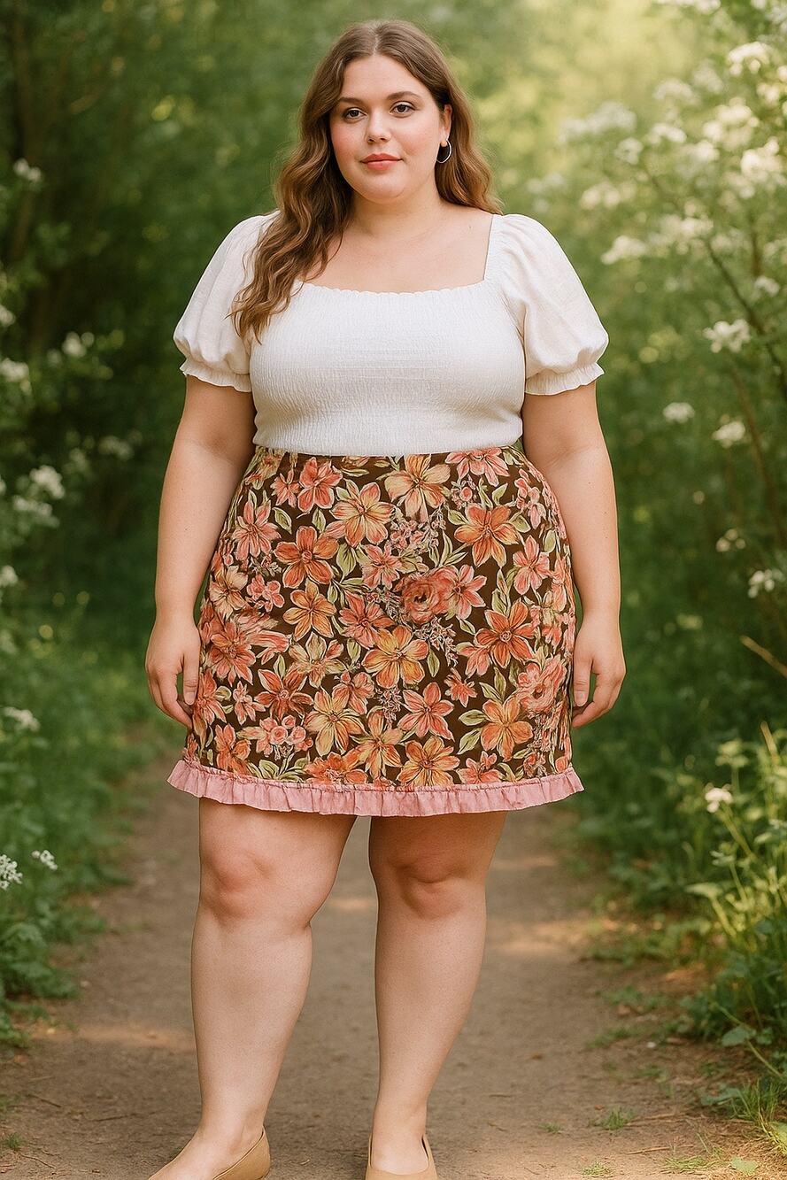 Cato Floral Mini Skirt Brown Pink Ruffle Hem Cotton Blend Size 18 Fairy Cottage